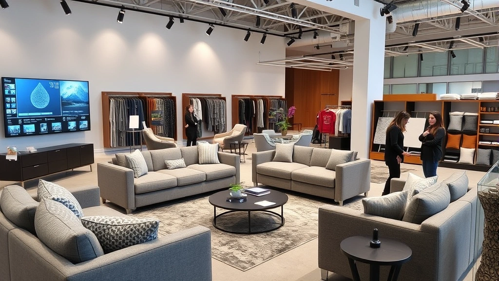 High-end furniture showroom featuring modular seating systems, customizable components in various fabrics and colors, AR visualization display screen, and customers examining sustainable material samples in contemporary retail environment.