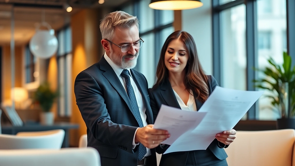 Professional insurance agent in business suit reviewing policy documents with client in modern office setting, warm lighting, confident expressions