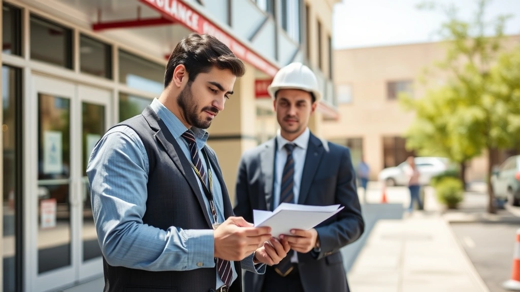 Claims adjuster conducting site inspection at commercial property, taking notes and photographs, professional attire, natural daylight