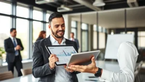 Professional business executive reviewing real estate market data on tablet in modern office conference room with colleagues collaborating in background, daylight from windows