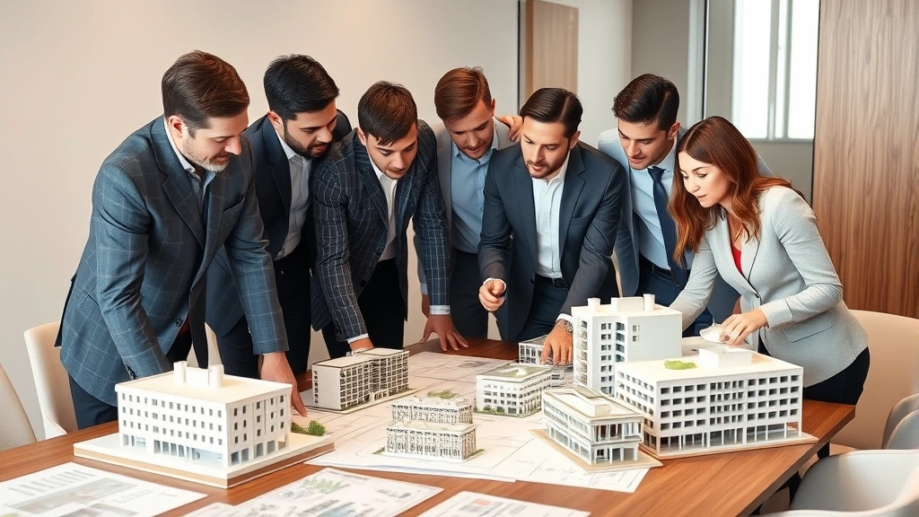 Diverse real estate development team examining architectural models and blueprints of commercial properties on conference table, focused discussion atmosphere