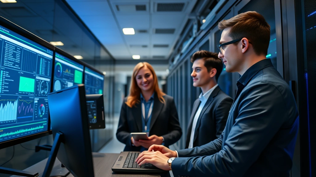 Professional IT team in modern data center reviewing system dashboards and monitoring screens, demonstrating coordinated patch deployment coordination, corporate environment with blue lighting