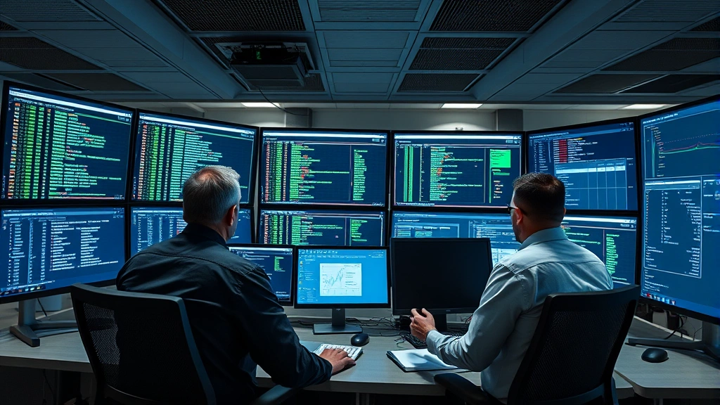 Enterprise security operations center with multiple team members analyzing system updates and vulnerability assessments on large displays, serious professional atmosphere, modern technology infrastructure visible