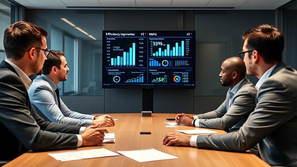 Business executives in conference room reviewing IT performance metrics and efficiency improvements charts on screens, collaborative strategic planning session, corporate professional setting