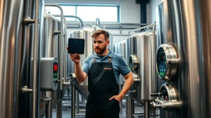 Brewmaster examining fermentation vessels with temperature monitoring equipment in modern craft brewery facility, professional brewery setting with stainless steel tanks