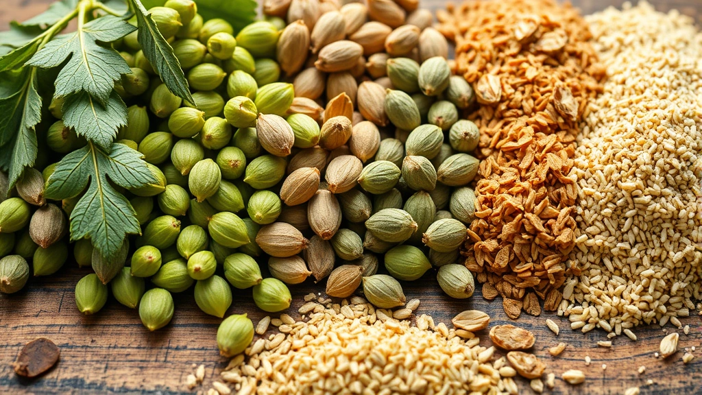 Close-up of hop varieties and specialty malt samples arranged on wooden surface with detailed brewing notes, natural lighting highlighting ingredient quality and diversity