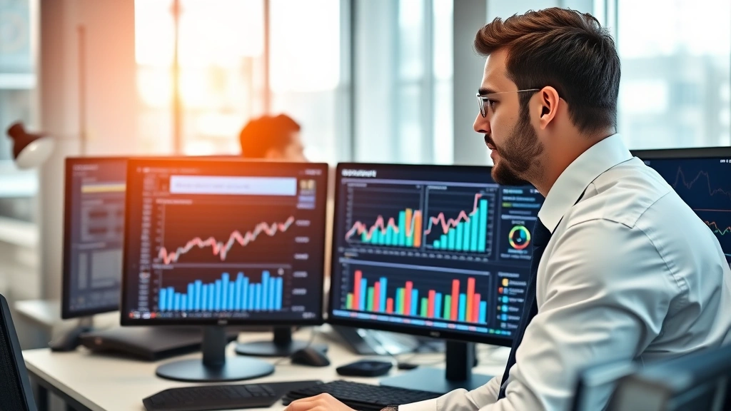 Professional business analyst reviewing financial charts and data on computer in modern corporate office, wearing business attire, focused expression, multiple monitors displaying growth graphs