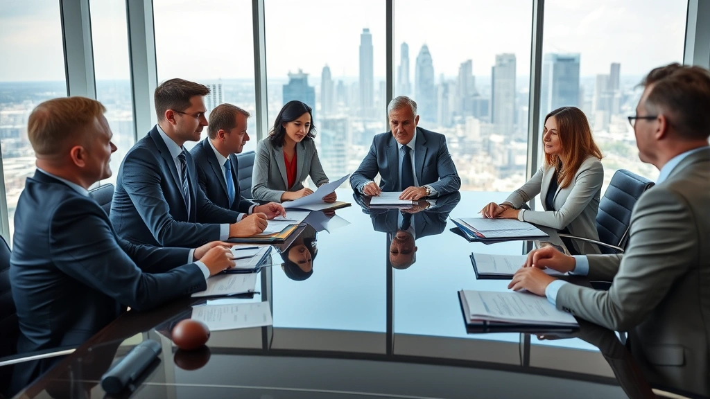 Diverse executive team in boardroom having strategic meeting around polished conference table, reviewing documents and financial reports, professional business environment with city skyline visible
