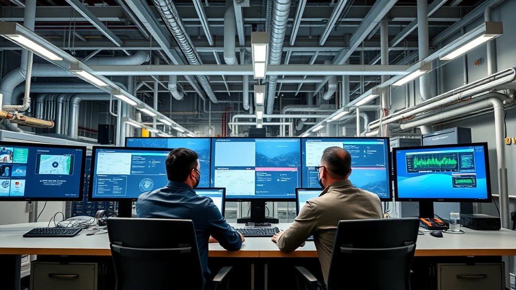 Modern power generation facility with control room operators monitoring systems on digital displays, professional corporate environment, clean energy infrastructure, photorealistic high-resolution corporate photography