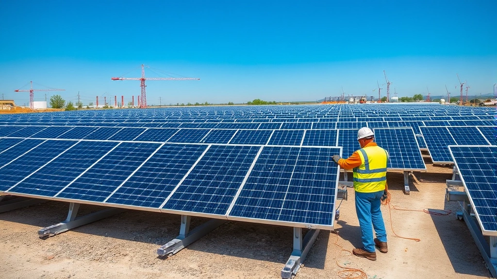Solar panel array installation at large-scale renewable energy facility with technicians performing maintenance, industrial site with clear blue sky, advanced green energy infrastructure, professional corporate imagery