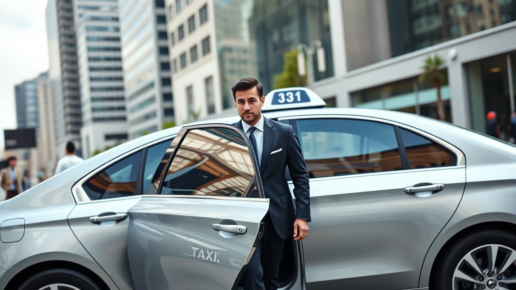 Professional businessman in business suit entering clean, modern silver sedan taxi vehicle at urban downtown street with office buildings in background, daytime, high quality photography