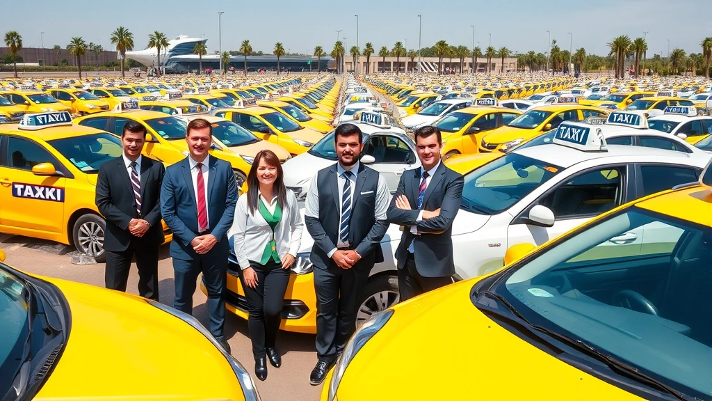 Diverse taxi drivers team standing confidently in front of fleet of well-maintained yellow and white taxis lined up in parking lot, professional uniforms, sunny weather, corporate setting