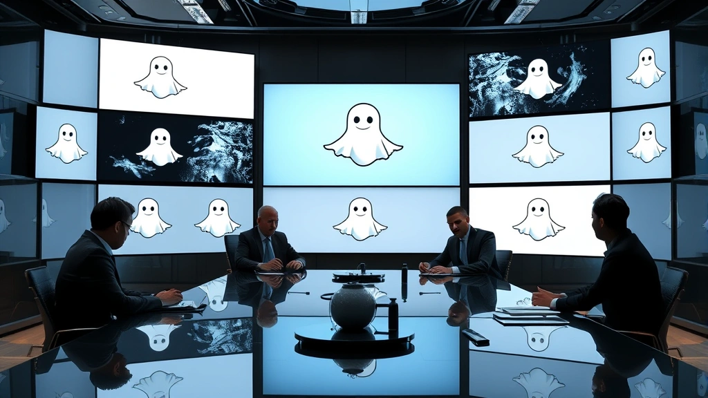 Luxury tech conference room with multiple display screens showing ghost logo variations in different contexts, sophisticated professionals analyzing branding strategy at polished table