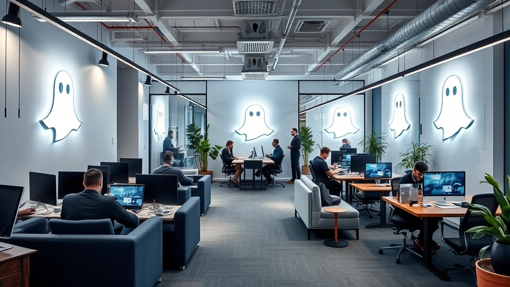 Upscale tech startup workspace with ghost logo branding visible on walls, modern furniture, employees collaborating on brand positioning strategy with premium aesthetic throughout