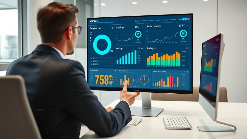 Professional business executive reviewing telecommunications analytics dashboard on large monitor in modern corporate office, displaying cost optimization metrics and carrier performance data, clean desk environment