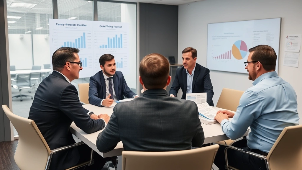 Team of telecommunications managers in conference room conducting quarterly business review, examining carrier contracts and cost savings reports, collaborative discussion atmosphere with visible charts