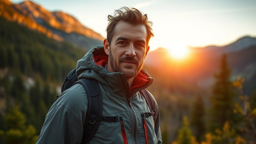 Professional outdoor enthusiast wearing premium technical jacket in mountain landscape during golden hour, confident expression, natural hiking environment with forest and peaks in background