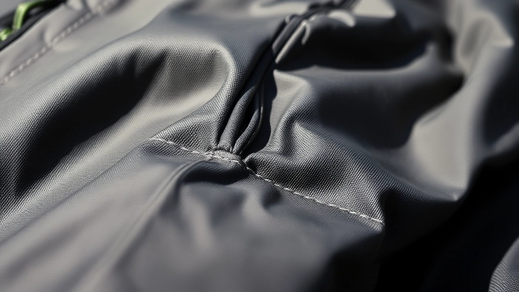Close-up detail of high-quality fabric stitching and seam construction on outdoor apparel, showing professional craftsmanship and durability features, natural lighting highlighting material texture