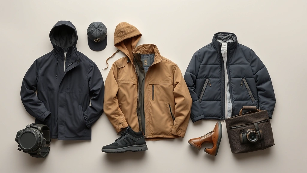 Modern minimalist lifestyle scene featuring premium outdoor clothing pieces arranged on neutral background, showing design sophistication and versatile color palette for urban and outdoor contexts