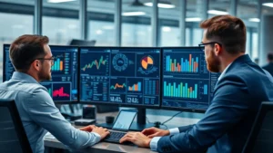 Professional business team analyzing telecommunications data on multiple computer monitors in modern office setting, displaying charts and analytics dashboards with financial metrics and cost optimization reports