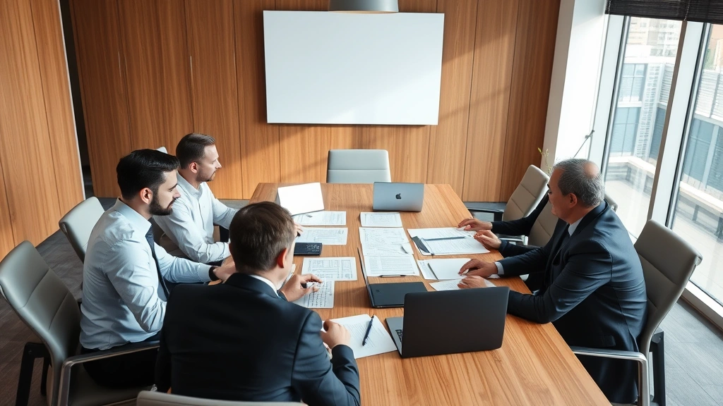 Corporate executives in conference room reviewing vendor contracts and telecommunications service agreements with laptops and documents spread across table, professional business attire, natural lighting