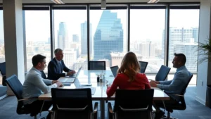 Professional business team in modern Memphis office discussing staffing strategy around conference table with laptops and documents, natural lighting from windows showing downtown cityscape