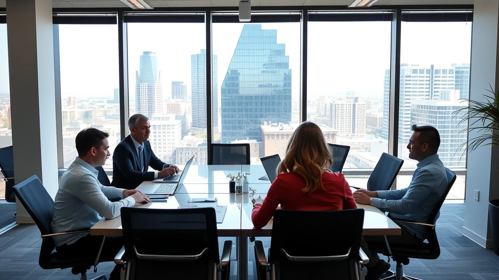Professional business team in modern Memphis office discussing staffing strategy around conference table with laptops and documents, natural lighting from windows showing downtown cityscape