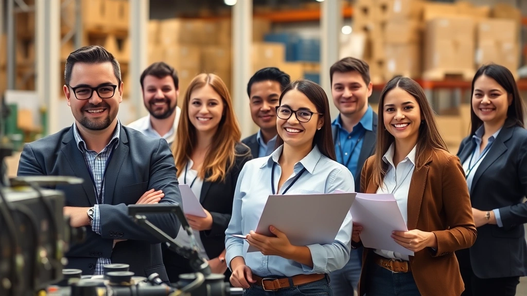 Diverse group of confident temporary workers in business casual attire in warehouse or light industrial facility, smiling while operating equipment or reviewing work tasks professionally