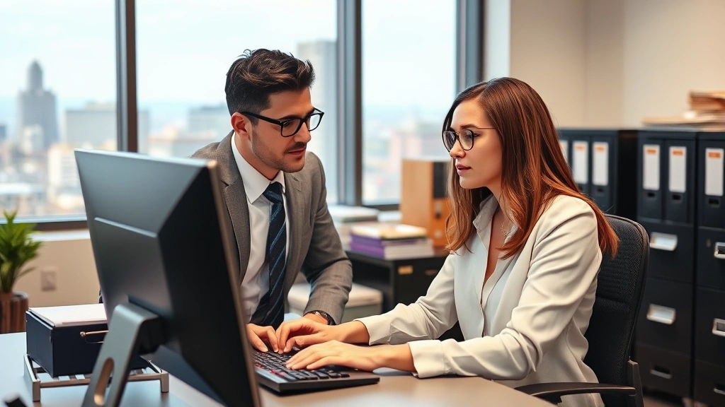 HR manager and recruiter reviewing candidate profiles on desktop computer in staffing agency office, surrounded by filing systems and professional office environment with Memphis city view