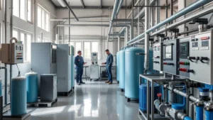 Professional water treatment facility interior with advanced filtration equipment, engineers monitoring control panels, clean industrial environment, natural lighting from windows, modern machinery and technology