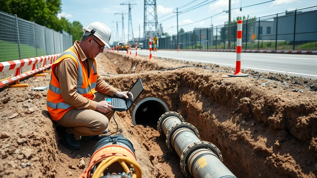 Utility worker in safety gear inspecting underground water main infrastructure in open trench, using diagnostic equipment, professional work site with safety barriers, daytime outdoor setting