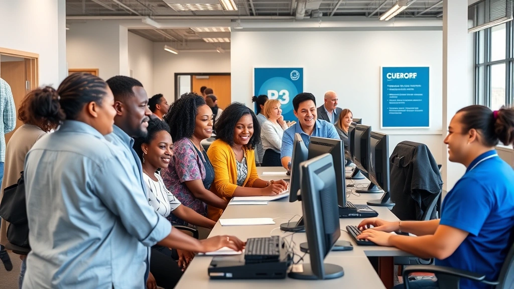 Diverse community members at water utility customer service center receiving assistance, modern office environment with computer workstations, friendly professional staff interaction, bright welcoming space