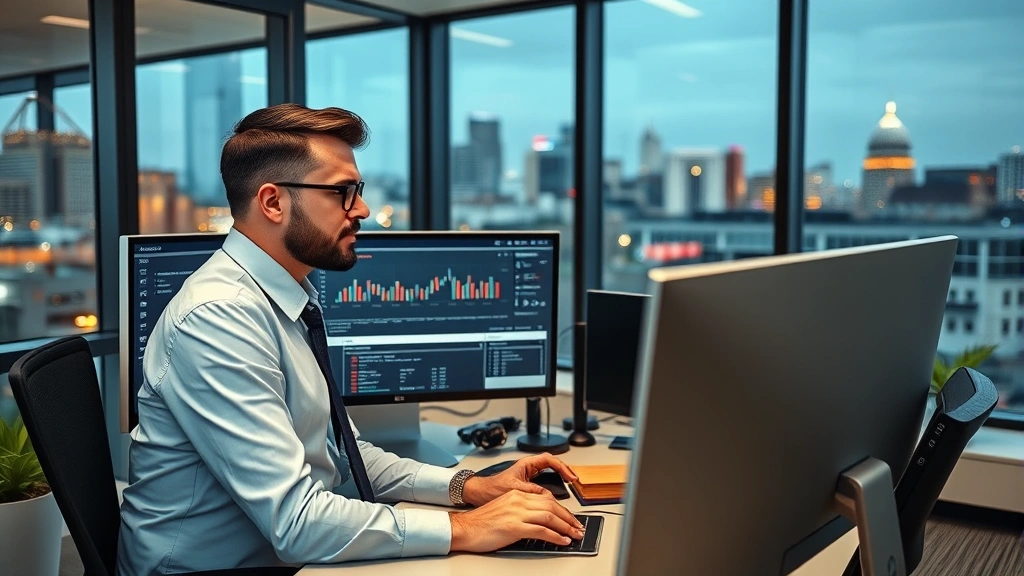 Professional business analyst at modern office desk reviewing company data on multiple computer monitors, corporate environment with Nashville skyline visible through windows, wearing business attire, focused expression