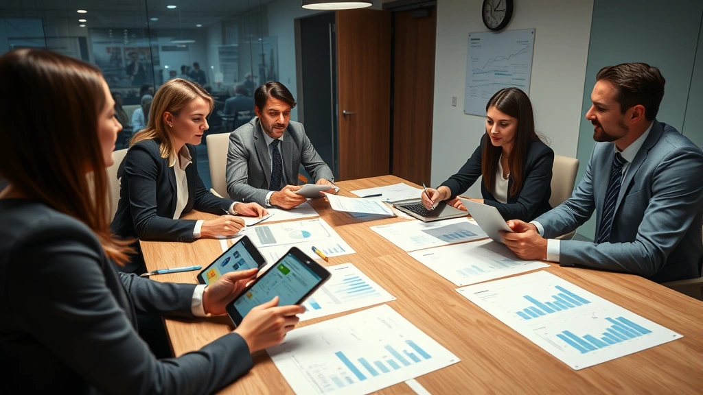 Business professionals in conference room reviewing documents and analyzing company information on tablets and laptops, collaborative workspace with charts and graphs on table, diverse team engaged in discussion