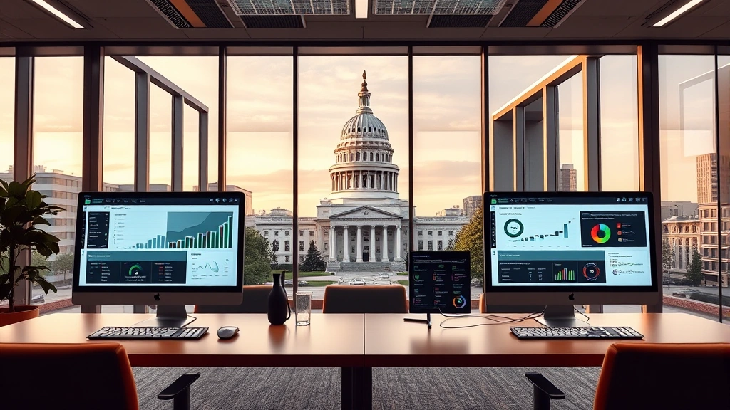 Modern office interior with Tennessee state capitol building visible, professional workspace with computers displaying business databases and analytics dashboards, corporate setting representing state business operations