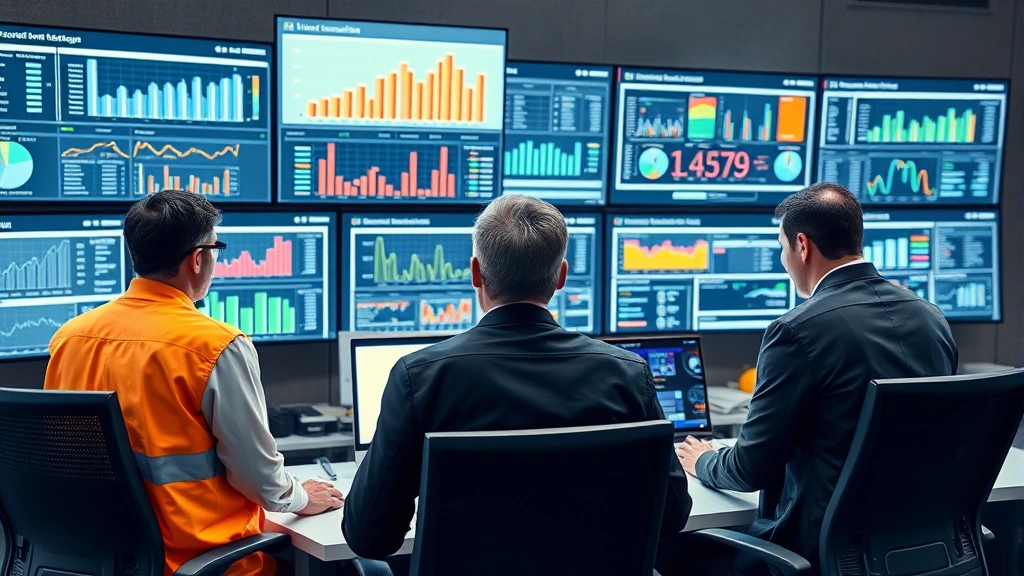 Diverse team of utility engineers reviewing energy consumption data on large dashboard monitors in modern control room, serious analytical work environment, professional corporate setting