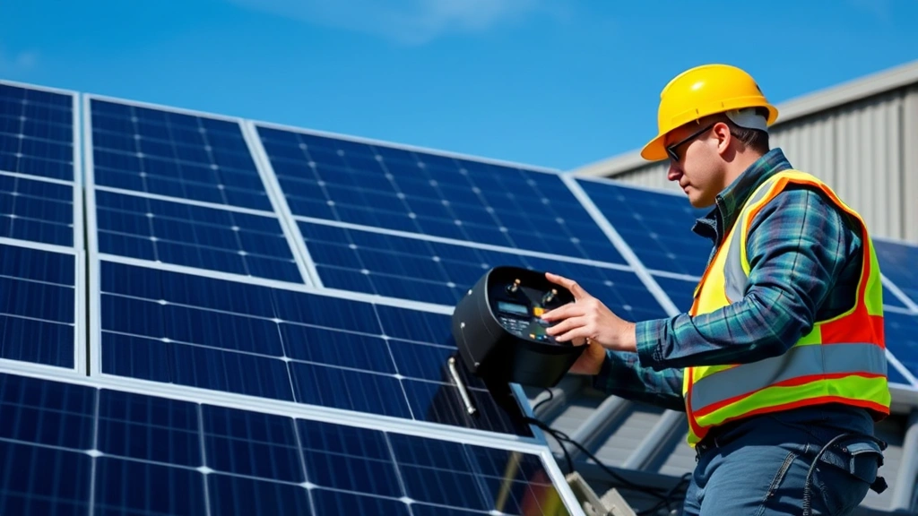 Modern solar panel installation on commercial building roof with technician in safety gear examining system, blue sky background, renewable energy infrastructure, professional industrial photography