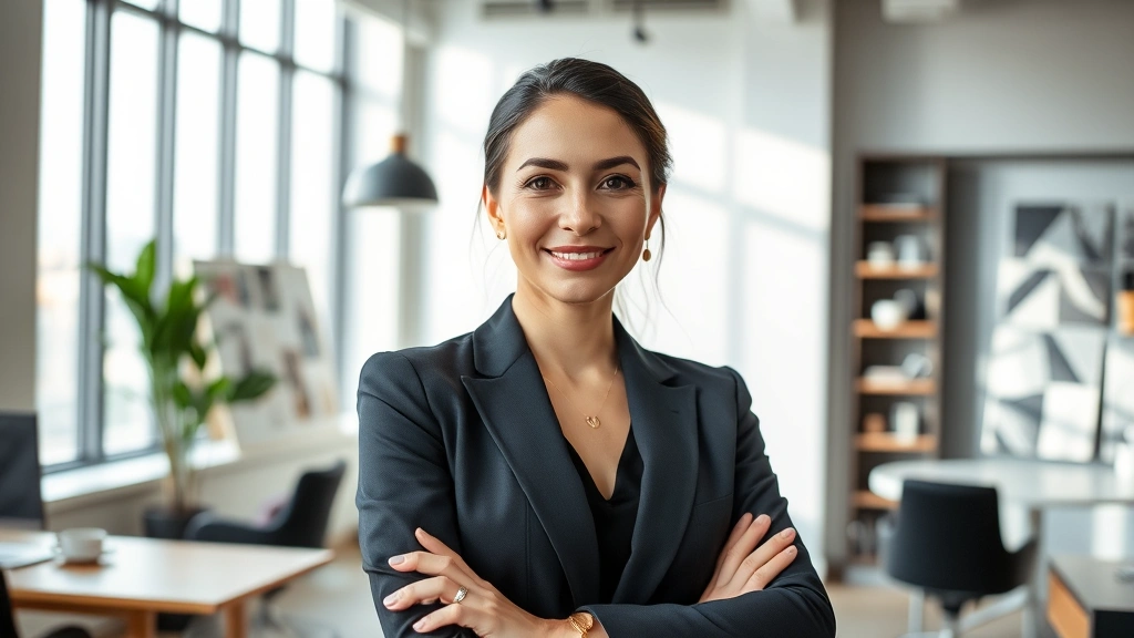 Professional female CEO in modern office with natural lighting, confident posture, luxury brand aesthetic, minimalist workspace with design samples visible
