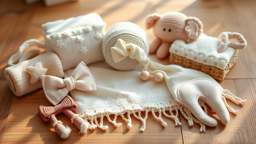 Luxury children's accessories artfully arranged on natural wood surface with soft morning light, premium fabrics and embellishments in focus, Southern aesthetic