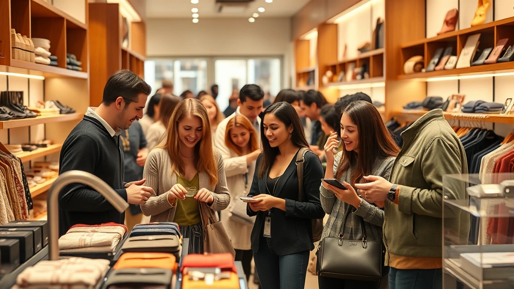 Diverse group of customers shopping in upscale retail environment, examining premium products, warm and welcoming atmosphere, genuine engagement and satisfaction