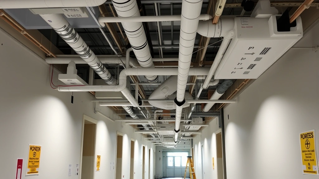 Interior construction progress photograph of hospital corridor with mechanical systems exposed, coordination of multiple trades visible, clean organized worksite with safety signage, professional site conditions