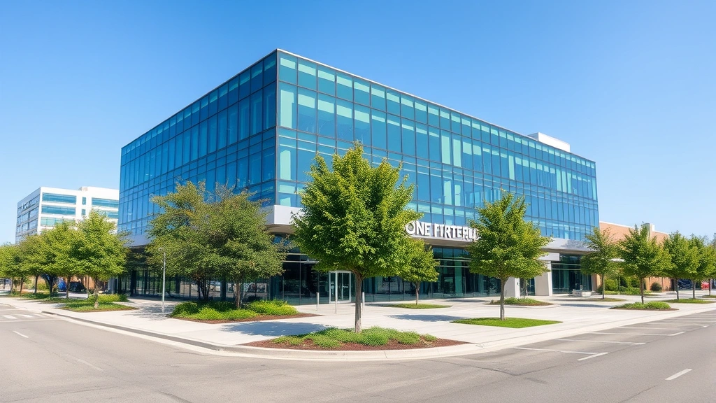Completed modern corporate office building exterior with glass facade and contemporary architecture, landscaped entry plaza with mature trees, professional business district setting, daytime photography with clear sky