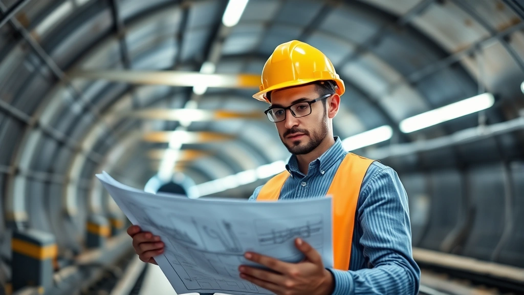 Professional businessman in hard hat analyzing underground tunnel construction blueprints on tablet computer, modern infrastructure development site in background, fluorescent lighting, serious focused expression