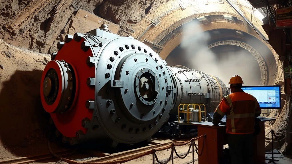 Advanced tunnel boring machine in operation underground, excavating soil and rock, industrial equipment with precision engineering, workers monitoring equipment from control station, dust and construction activity visible