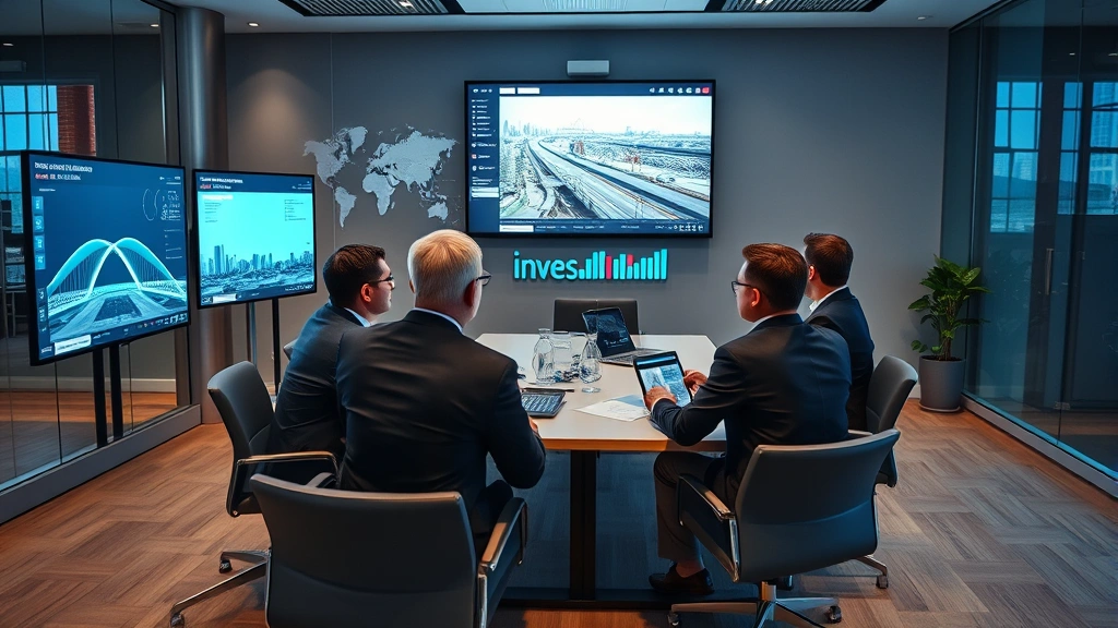 Corporate investment meeting room with executives reviewing infrastructure project feasibility reports and financial projections on large screens, modern office setting, strategic planning atmosphere