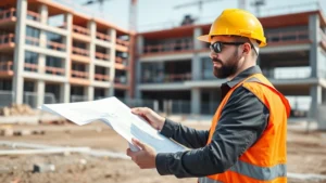 Professional construction site manager in hard hat reviewing architectural blueprints on tablet with modern office building under construction in background, natural daylight, corporate atmosphere