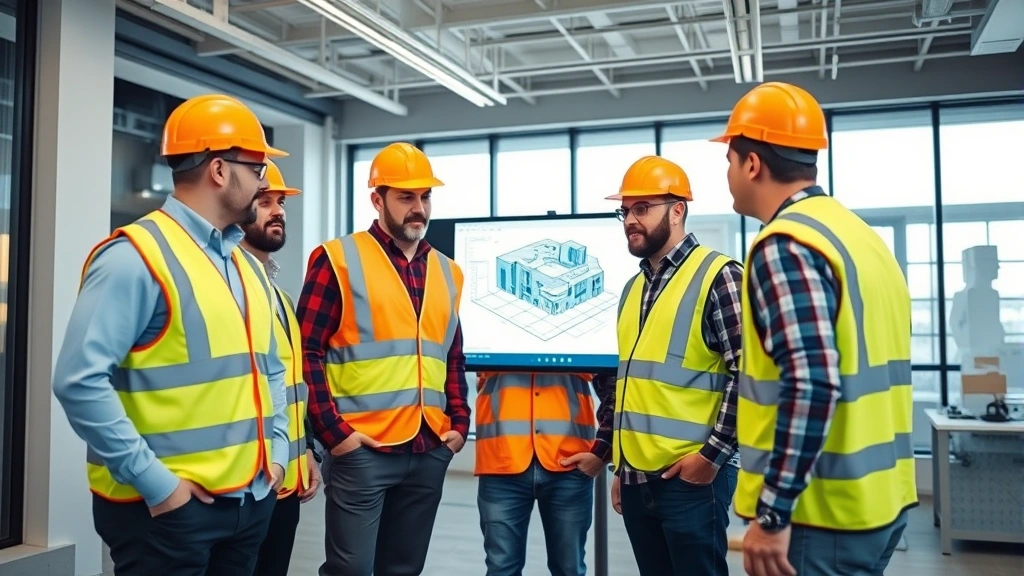 Team of construction professionals in safety vests collaborating around digital display showing BIM model, modern construction office environment, focused problem-solving atmosphere