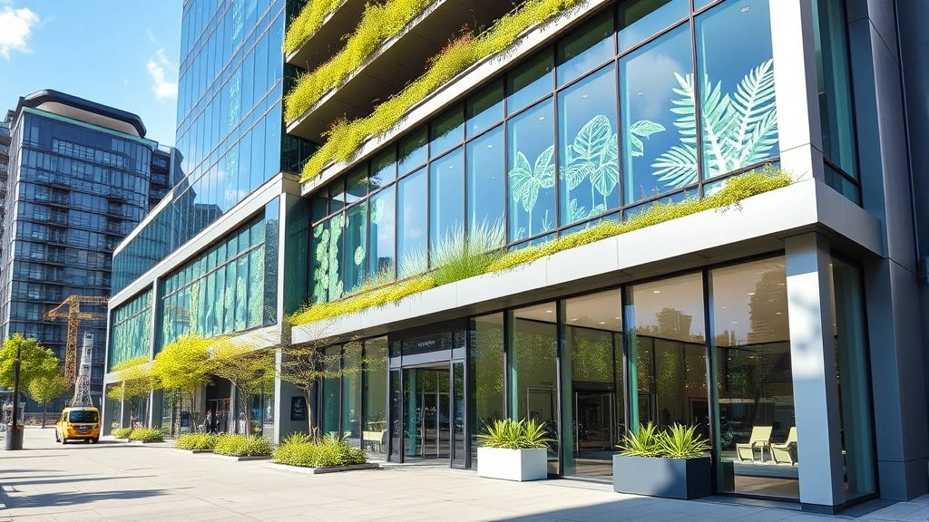 Completed modern commercial building facade with sustainable green features, glass and steel architecture, professional exterior photography showcasing construction quality and design excellence