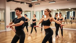 Professional dancers in contemporary rehearsal studio, warm lighting, focused expressions, mirrored walls background, wooden flooring