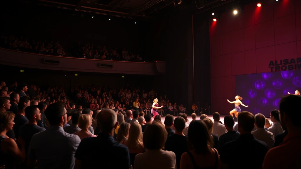 Sold-out theater audience watching dynamic contemporary dance performance, atmospheric stage lighting, diverse audience members engaged, professional production